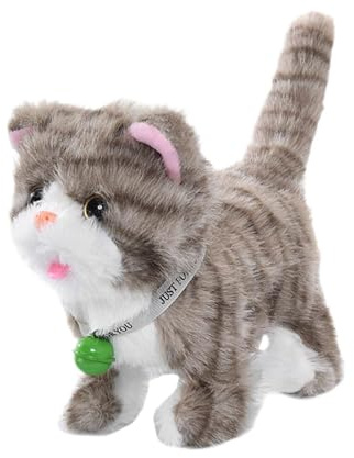 Folpus Peluche Interattivo di Gattino, Gatto di Peluche Intelligente Che Miagola e Cammina con 12 Melodie e Registrazione, 18 x 10 x 17 Cm, Giocattolo Educativi per Bambinis, Strisce Grigio Chiaro