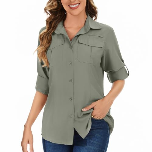 Moorlan Women's Safari Shirts UPF 50 Long Sleeve Sun Protection UV Quick Dry Lightweight Outdoor Walking Hiking Fishing Travel Shirts(1001,Grey Green,M)