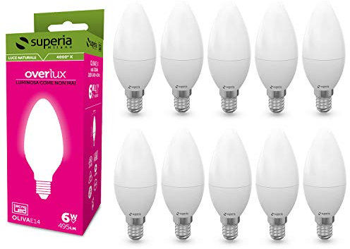 Superia Lampadina LED E14 Oliva, 6W (Equivalenti 40W), Luce Naturale 4000K, Luminosa 495 lumen, copertura opale C37, Attacco Piccolo, Risparmio Energetico, Nessuno Sfarfallio, OE14N Pacco da 10
