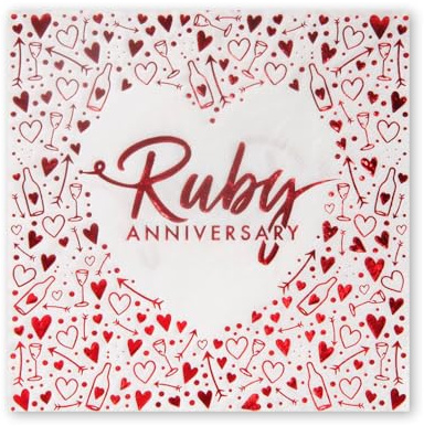Anniversary House Ruby 40th Anniversary Lunch Napkins | Pack of 16 | 3 ply | 33 x 33cm | Foil Stamped | Table Decoration, Ruby Anniversary Decoration, Disposable Party Serviettes Napkins, J043