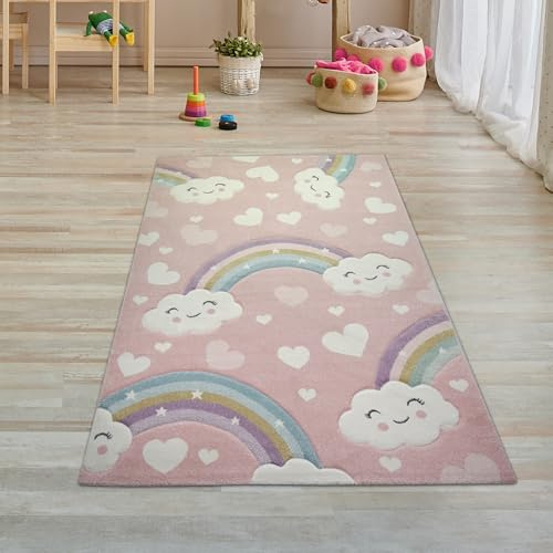 Teppich-Traum Alfombra Infantil Alfombra para habitación Infantil Arcoiris Nubes Corazones en Rosa Größe 80x150 cm