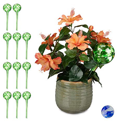 Relaxdays 12 x Bewässerungskugel, dosierte Pflanzen Bewässerung, Blumentopf, Gießhilfe Büro, Urlaub, Durstkugel Glas, Ø 9cm, grün