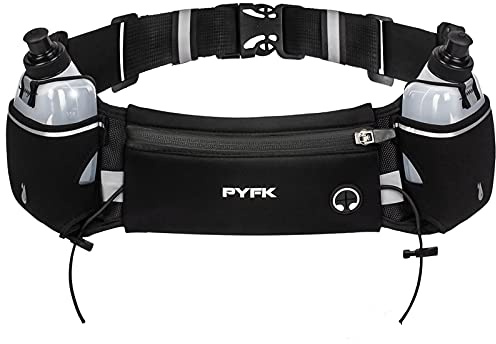 PYFK Running Belt with Water Bottles, Hydration Belt for Men and Women, Water Bottle Holder Running Pouch Water Belt, Fanny Pack Fits 7 inches Phones, Waist pack for Runner Jogging (Upgraded Black)