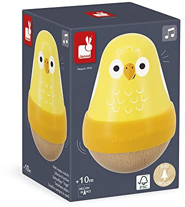 Janod - Stehauffigur Kleiner Vogel Tropik - Entwicklungsspielzeug aus Holz mit Glocke - Lernspielzeug Feinmotorik und Handhabung - FSC-zertifiziert - Wasserfarbe - Ab 10 Monaten, J08262