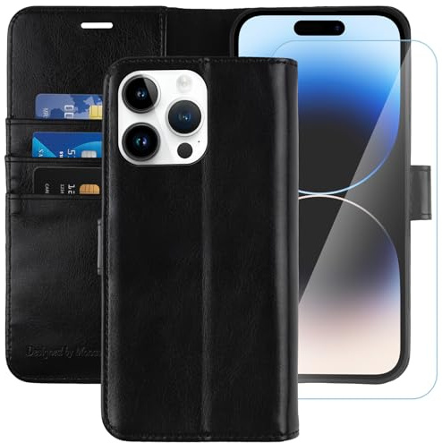 MONASAY Wallet Case for iPhone 14 Pro Max 5G,6.7-inch,[Glass Screen Protector Included] [RFID Blocking] Flip Folio Leather Cell Phone Cover with Credit Card Holder for Apple iPhone 14 Pro Max,Black