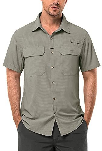33,000ft Hemd Herren Kurzarm UPF50+ UV Schutz Outdoorhemd Schnelltrocknend Freizeithemd Funktionshemd Wanderhemd für Angeln Safari Reisen Golf Graugrün XL