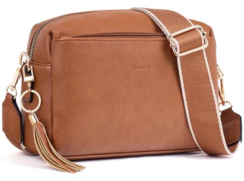 Roulens Damen Handy Umhängetasche,Veganem Leder Crossbody Schultertasche,Breiter Riemen Abendtasche mit drei Reißverschlussfächern Handtaschemit mit Kartenschlitz Verstellbar Abnehmbar Schultergurt