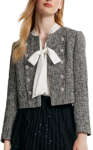 GOELIA Giacca corta in tweed da donna, aperta sul davanti, a maniche lunghe, slim fit, business casual, Argento chiaro, Large