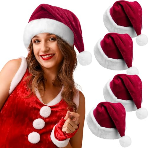 Funnysoft 4 Pcs Christmas Hat Adult Sequin Santa Hat with Plush Brim Thicken Velvet Xmas Hats for Women Men Holiday Party(Burgundy,Classic)