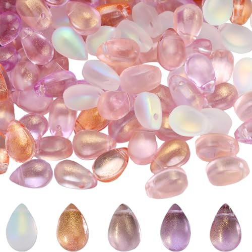 SUNNYCLUE 1 Box 150 Stück 5 Farben Glas Wassertropfen Perlen Tropfenperle Transparente Wassertropfen Mit Glitzerpulver Ovale Bunte Lose Perlen Zur Schmuckherstellung Perlensortimente DIY Armband Halsk