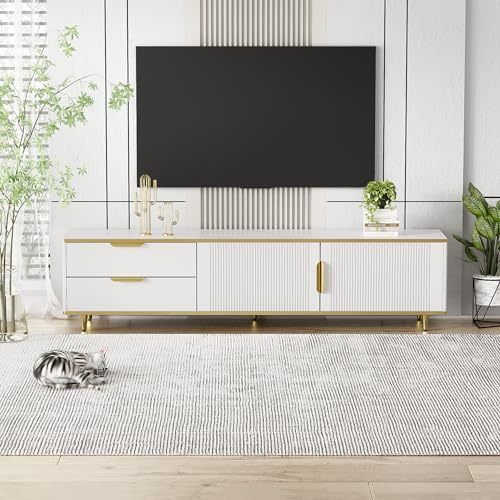 Meuble TV bas moderne, 4 compartiments de rangement, poignées et pieds dorés, design élégant, structure marbrée pour le salon, blanc, 175 x 40 x 45 cm