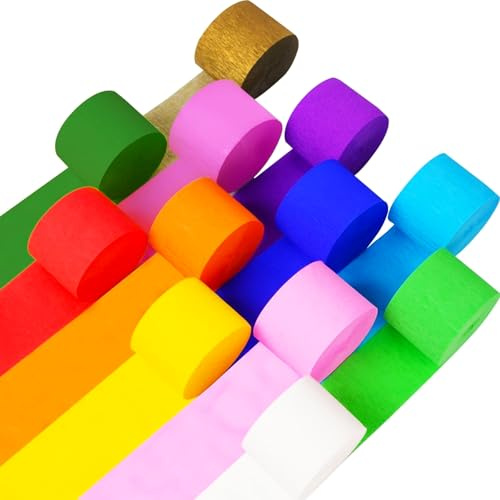 MOSTFUN 12 Pcs Crepe Paper Rolls, 3.5cm Width 25m Length 12 Colors Party Streamers for Birthday & Wedding Decorations