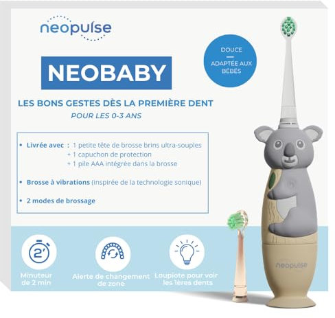 NEOPULSE NEOBABY – Brosse à dents Électrique à Vibration ou Manuel pour Bébé dès la Première Dent + Tête de Brosse Ultra-souple – Inspirée Technologie Sonique – Tête Lumineuse – Minuteur – 1 pile AAA