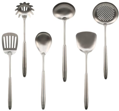 Set di utensili da cucina in acciaio inox, set di 6 utensili da cucina in acciaio inox, utensili da cucina con manico lungo in metallo, spatola da cucina in acciaio inox, set di utensili da cucina