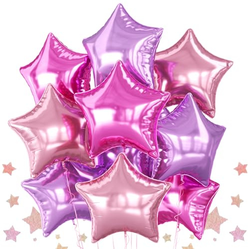 Pink and Purple Star Foil Balloons, 10PCS Pink Foil Stars Shape Balloons, 18 Inch Metallic Purple Stars Balloon for Helium Pentagram Balloon for Girls Birthday, Princess, Anniversary Party Decoration