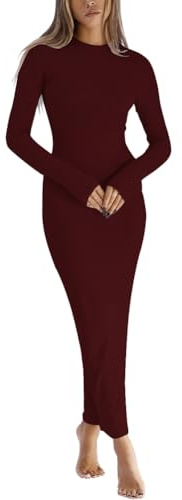 LACOZY Autunno Manica Lunga Midi Abito Sexy Aderente Aderente Matita Abiti Formale Cocktail Matrimonio Abiti Abito Lungo, Borgogna, L