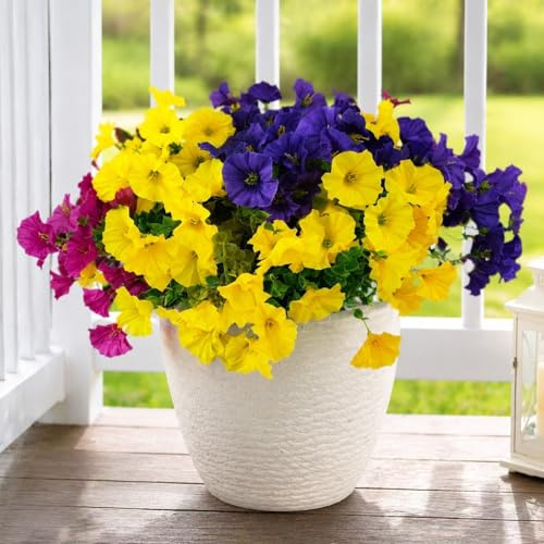 Aisamco Konstgjorda silkesblommor för utomhusdekoration, 12 buketter med färggranna konstgjorda blommor Morning Glory med Eukalyptus, grönska, UV-beständiga konstgjorda växter för uteplantering