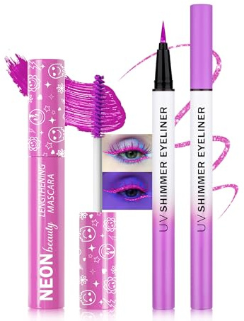 Lila UV Neon Mascara & Eyeliner, Wasserfest Wimperntusche Volume and Lange, Glitter Liquid Eyeliner Bunt, UV Activated Makeup Long Lasting Fluorescent, Festival Zubehör für Weihnachten Karneval Party