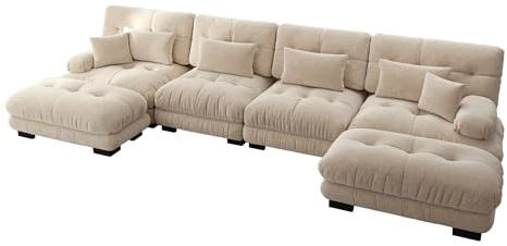 HAINEW Modern 4-sitsig soffa av chenille, U-form hörnsoffa, stoppad soffa med ländryggskudde och dekorativ kudde, massiv träram, gör-det-själv fri skarvning och kombination (lätt kaffe, 4 sittplatser