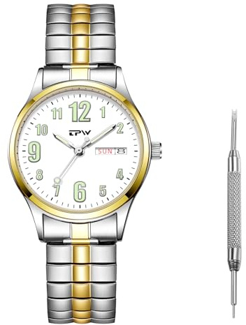 JewelryWe Women's Big Dial Easy Reader Round Quartz Calendar Watch Elastic Stretch Band Nightlight Luminous Wristwatch