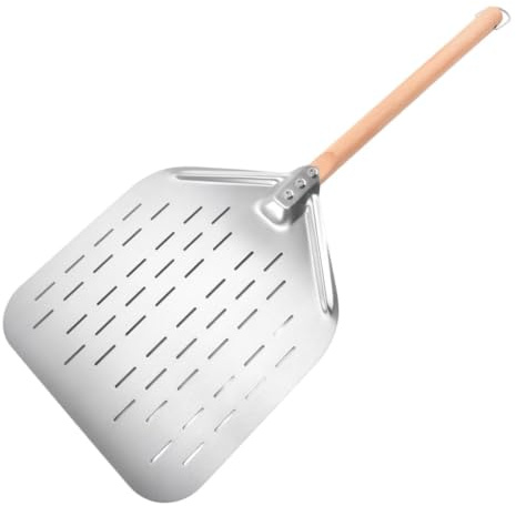 Cáscara de pizza | Herramienta de torneado para horno perforada de acero inoxidable de 12 pulgadas | Paleta de espátula para Pizza con mango de madera, para cocina, hornear pasteles, parrilla, hogar,