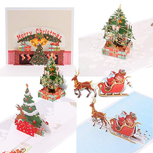 Qpout 4Pack Biglietti di Auguri di Natale, 3D Pop Up Cartoline di Natale con Buste Babbo Natale, Albero di Natale, Renna Carte Fatte a Mano per Natale Regalo Natale Decorazione di Capodanno