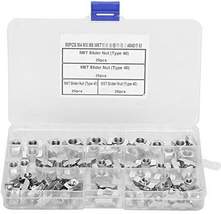 Tuerca con ranura en T, 80 piezas M4 M5 M6 M8 Tuercas deslizantes con ranura en T Sujetadores de hardware Bloque deslizante para perfiles de aluminio 4040 con caja de plástico