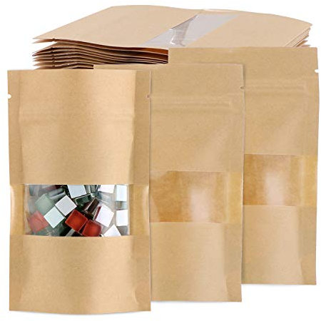 TsunNee 100 PCS sacs alimentaires en papier kraft Sacs de stockage alimentaires réutilisables avec fermeture éclair Sacs d'emballage alimentaire en papier marron avec fenêtre transparente,9 x 14 cm