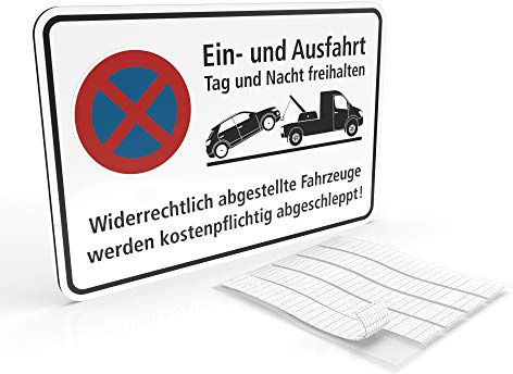 Betriebsausstattung24® Hinweisschild Ein- und Ausfahrt Tag und Nacht freihalten - Falschparker werden abgeschleppt | BxH 30,0 x 20,0 cm | Aluminium Verbundplatte | Weiß