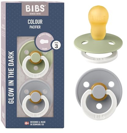 BIBS Colour Glow Soother 2-Pack, Glow in The Dark BPA Free Dummy Pacifier, Round Nipple. Natural Rubber Latex, Size 3 (18+ Months), Sage Night/Cloud Night