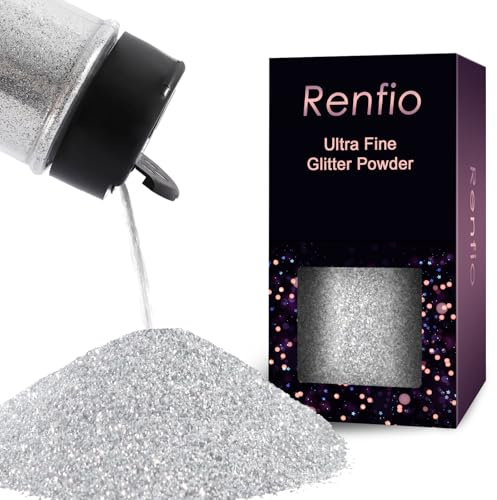 Renfio Ultra Fine Glitter Powder Metallic Resin Glitter 2.11 Oz (60g) | Flakes Crafts Sequins Epoxy Chips Flakes for Tumblers Slime Painting Arts Nail Holiday Decoration - Silver