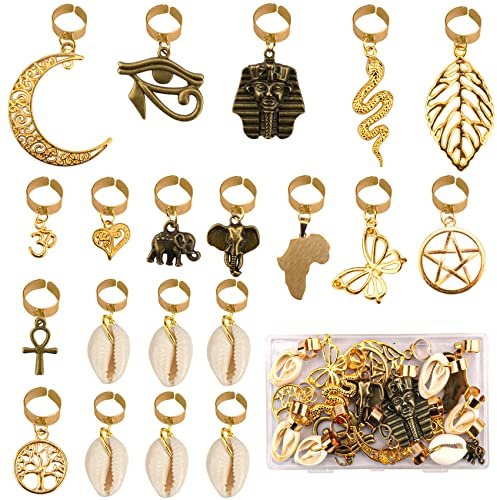 Messen 20 PCS Locs Braids Hair Cuffs 15 Styles Vintage African Pendant Charms Butterfly Shell DIY Hair Accessories (Bronze and Gold)
