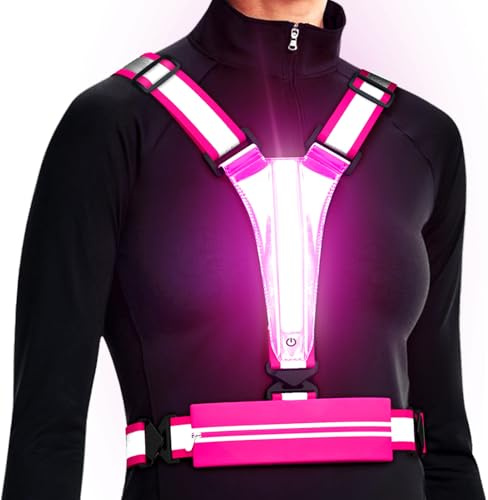 Ylzzrs LED Reflective Vest Running Gear, USB Rechargeable Light Up Running Vest Chest Phone Holder for Runners Night Walking,6-11hrs Light Adjustable Waist/Shoulder for Women Men Kids (Pink)