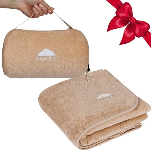 BlueHills Travel Blanket Pillow Rolled Premium Soft Plush Airplane Throw Traveler Essentials Gift Compact in a Bag 70X48 inches Long Car Plane Flight Portable Beige R06