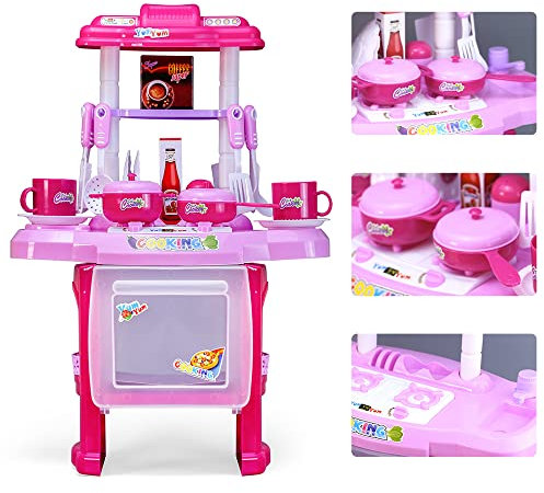 EVERGD Juego de cocina, juego de rol pequeño, juego de cocina con luz y sonido, 24 accesorios incluidos, el mejor regalo para niños y niñas (rosa)