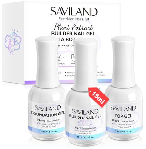 Saviland Builder Nail Gel with Base & Top Gel Set【Plant-Based】, 15ml Clear Builder Gels for Nails Base Top Coat With Castor Oil & Vitamin E Ingredients, Builder Gels In A Bottle Hard Gel Builder