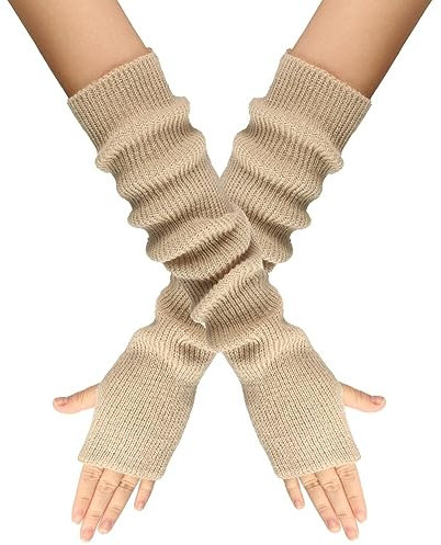Surakey Winter Gestrickte Handschuhe für Damen, 1 Paar Fingerlose Armstulpen Feinstrick lang Handwärmer Stulpen, Warm Strick Handschuhe Pluswärmer Handstulpen Armwärmer Stulpen für Damen,Beige