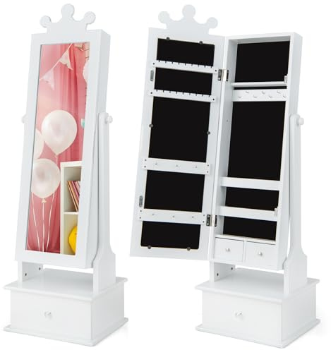 COSTWAY Armadio Gioielli per Bambini 3+ Anni con Specchio, Armadietto Portagioie da Terra con 3 Cassetti, Ideale per Camera da Letto (Bianco)