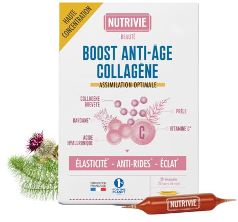Ampoules Collagène Marin + Acide Hyaluronique + Vitamine C - Collagène Hydrolysé Type 1 Naticol - Elasticité, Anti-rides et Éclat de la Peau - Cure de 1 mois - Fabriqué en France - Nutrivie