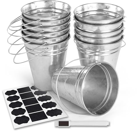 Colorlaza Galvanized Metal Bucket with Handle 12 Pcs- Metal Buckets for Party, Tin Buckets with erasable Stickers and Chalk Marker Silver Bucket 4.7 W x 5 H x 2.7 L