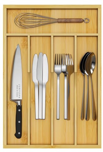 Youpehom Bamboo Utensil Organizer for Kitchen Drawers, Utensil Tray and Cutlery Silverware Holder,Wood Drawer Dividers with 5 Slots