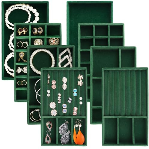 Afnkiom Vassoio organizer per gioielli, impilabile, in velluto, set di 8 inserti per cassetti, organizer per orecchini, per donne e ragazze, espositore per gioielli, anelli, collane, colore verde