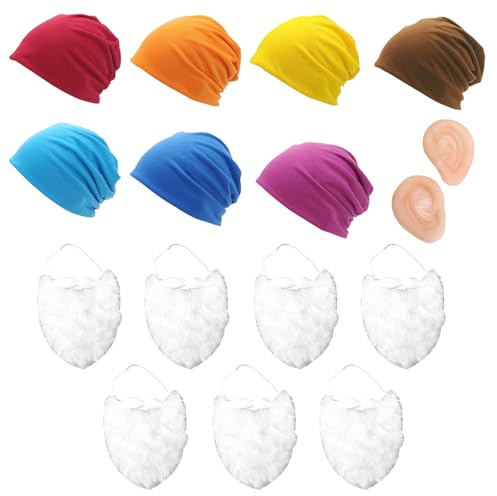 MFUOE Set di 15 costumi da gnomo con cappelli nani, barba finta, orecchie finte, multicolore, sette nani, accessori per feste di Natale