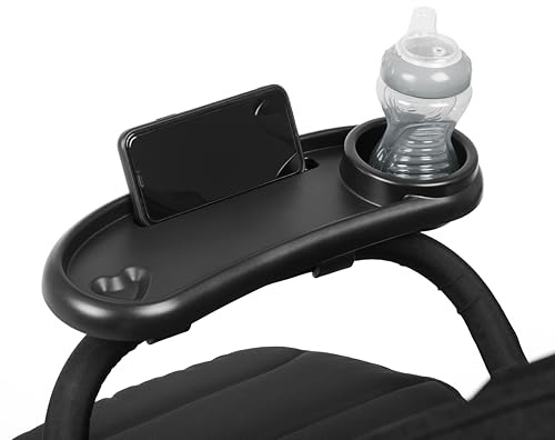 Ickle Bubba Universal Stroller Snack Tray (Black) Easy Access to Snacks and Drinks with Built In Cup Holder and Phone Holder – Clips Onto Any Pram or Stroller for On the Go Convenience