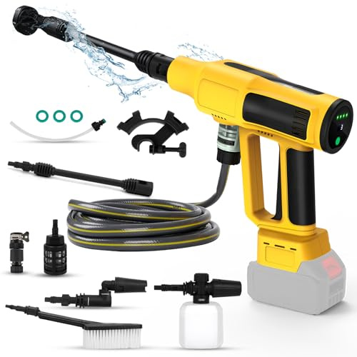 Limpiador de alta presión compatible con batería Dewalt de 20 V, 340 W, pistola de limpieza a presión sin escobillas con manguera de 5 m, boquilla 6 en 1, filtro, jarra de espuma, boquilla giratoria,