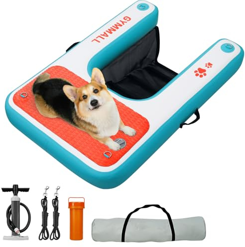 GYMMALL Plataforma Inflable para Perros 120x82cm, Rampa de Agua para Barcos, Piscinas, Lagos y Mar, Plataforma Flotante Antideslizante para Perros de hasta 100kg, Rampa de EVA con Escalera para Perros