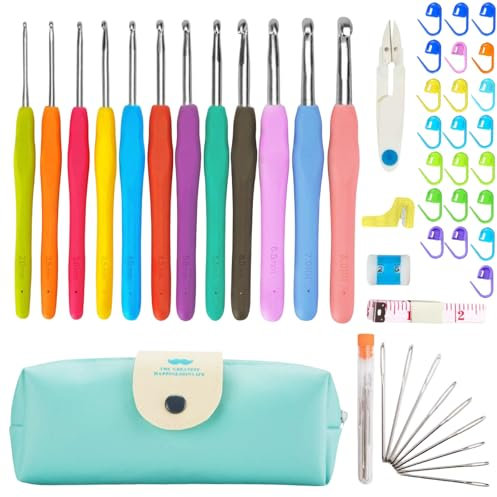 Aucuu Häkelnadel Set 47 Stück, 12 Größe Häkelset von 2 mm bis 8 mm mit Häkel Zubehör, Häkelnadeln Set mit Häkeltasche, Soft Gummi Häckelnadel Crochet Set, Stricken Nadeln Kit für Kinder Anfänger