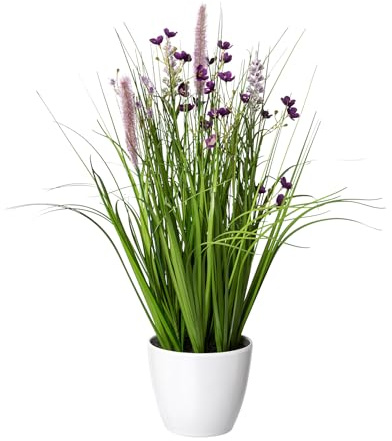 CREATIV green künstlicher Blüten-Gras-Mix im Topf 46cm I künstliches Dekogras mit lila Blüten als Frühlingsdeko I Ziergras Osterdeko I hochwertige & dekorative Kunstgräser