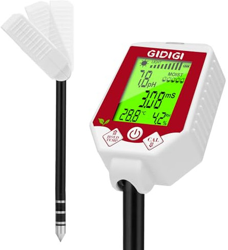 GIDIGI Medidor de pH y Humedad del Suelo 6 en 1, Monitor de Humedad de Plantas, medidor Digital de Humedad del Suelo para Plantas, Sensor para jardinería, Agricultura, Plantas de Interior y Exterior