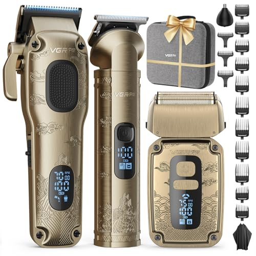 VGRPRO Set di Tagliacapelli uomo professionale e Trimmer Capelli, Rasoio Elettrico a Lamina, Macchinetta per capelli, 4 Impostazioni di Velocità, Display LED della Batteria, Uso da Barbiere (Oro)